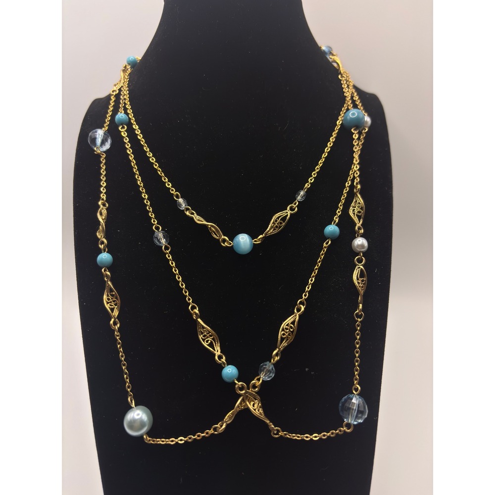 Candies Gold Tone Station Necklace Turquoise Blue Beads Faux Pearl Filigree 42in